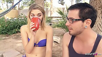 A Reserved College Student Is Enticed Into Having Sex At A Pool Party In The Dormitory In The Background.